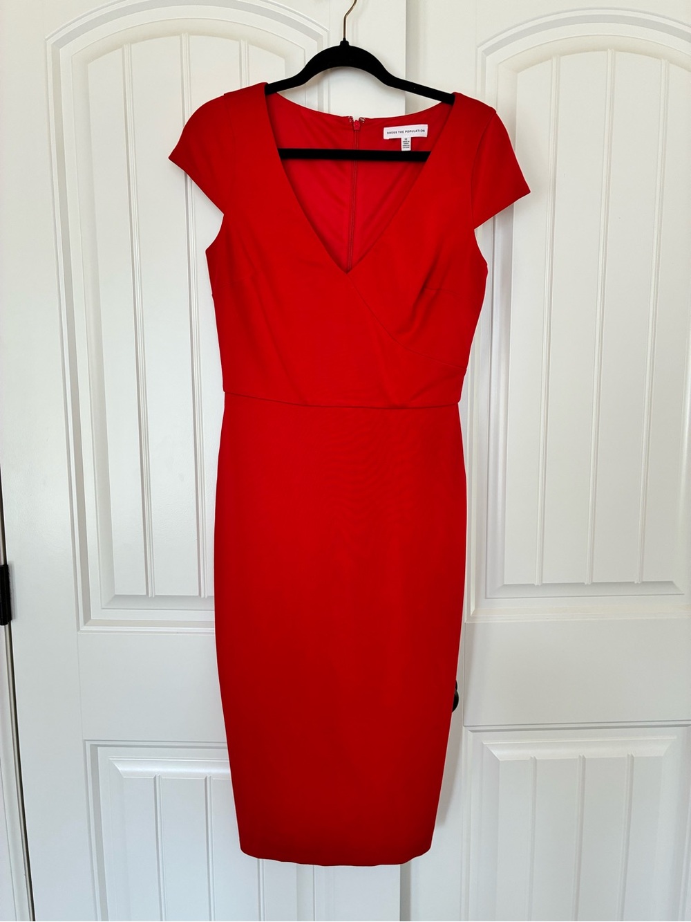 Dress the Population Red V-Neck Midi Sheath Dress